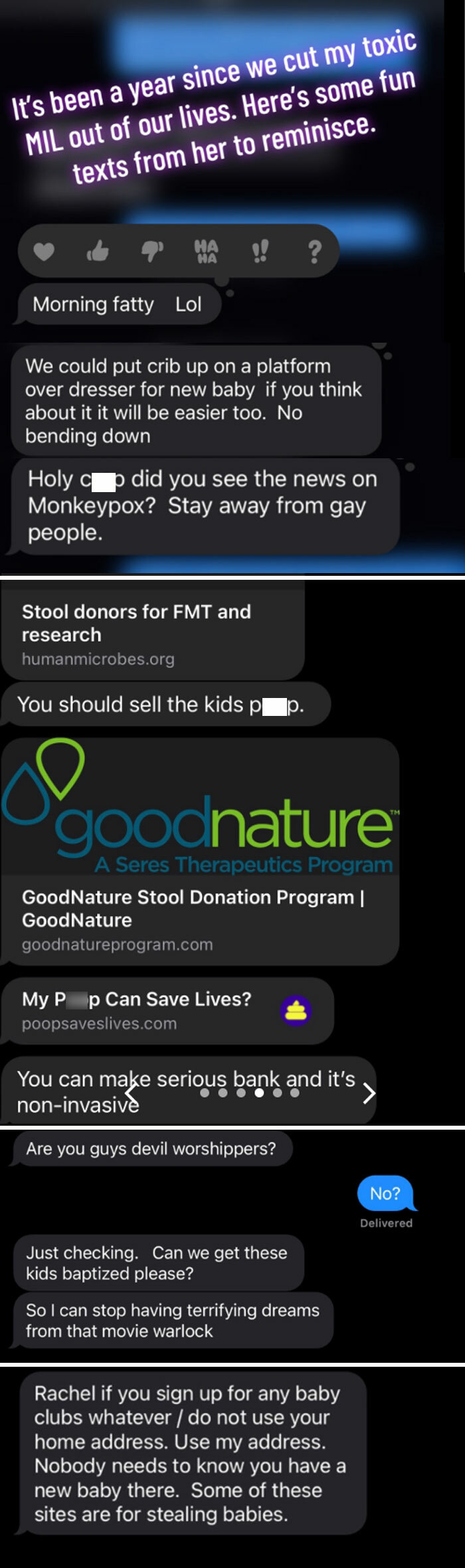Screenshot of unhinged texts from toxic MILs showing offensive and invasive messages that prompt women to block them.