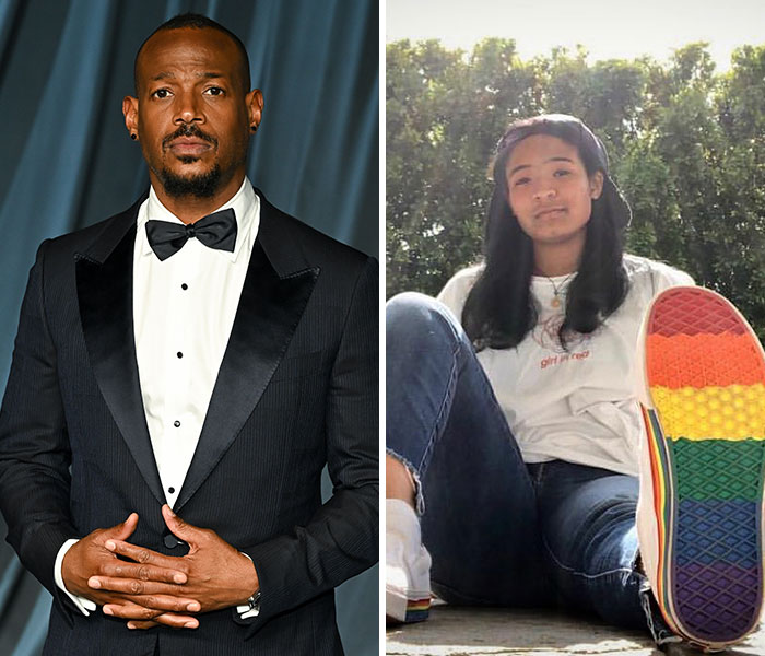 Actor in tuxedo posing beside a trans celebrity kid wearing rainbow-soled shoes representing trans celebrity kids public stories.