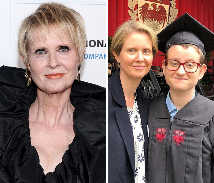 Two side-by-side images showing a celebrity and a parent with their trans celebrity kid at graduation, highlighting trans celebrity kids.