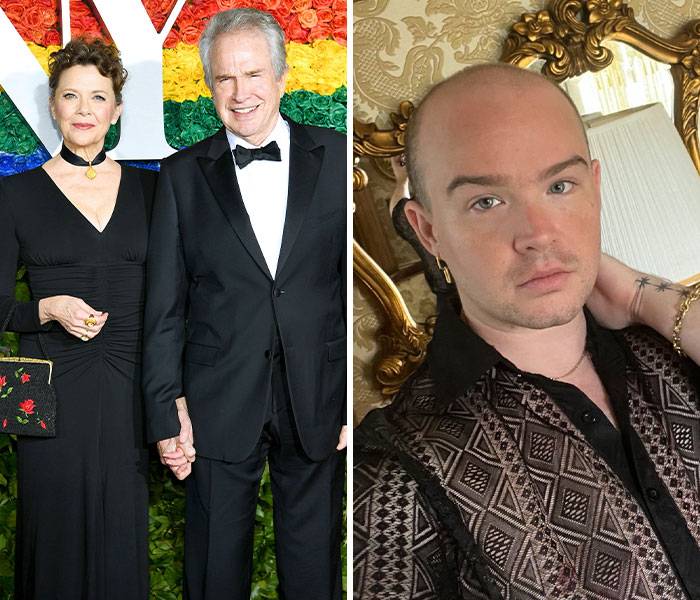 Couple dressed formally at event with rainbow backdrop alongside individual posing indoors, highlighting trans celebrity kids and parents breaking silence.