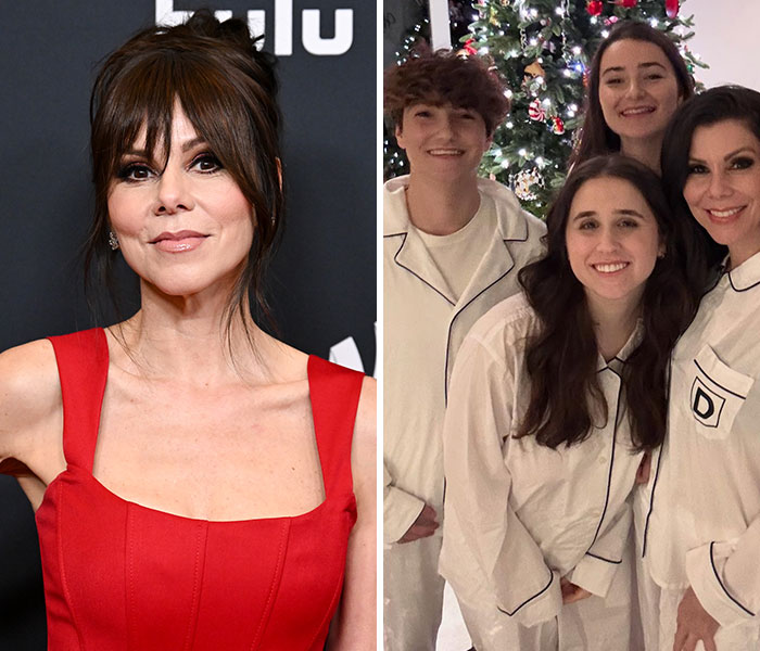 Actress and four transgender celebrity kids posing in front of a Christmas tree, highlighting trans celebrity kids stories.