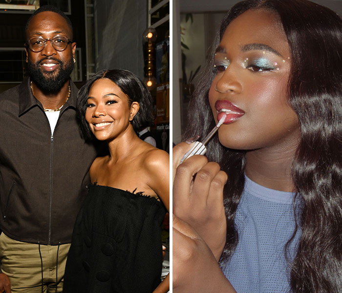 Two images of a trans celebrity kid applying makeup and posing with parents, highlighting trans celebrity kids public stories.