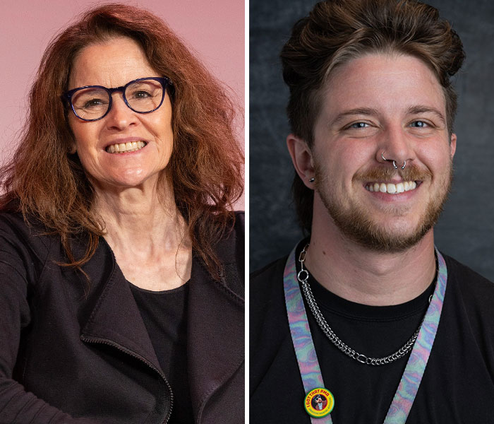 Portraits of two smiling individuals representing trans celebrity kids and their supportive parents publicly breaking silence.