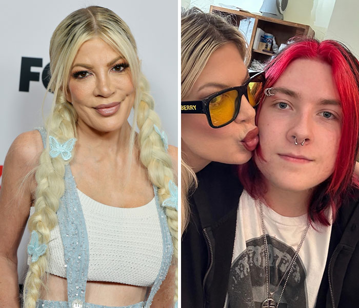 Tori Spelling and Red-Haired Trans Celebrity Kid showing close bond, highlighting trans celebrity kids with supportive parents.
