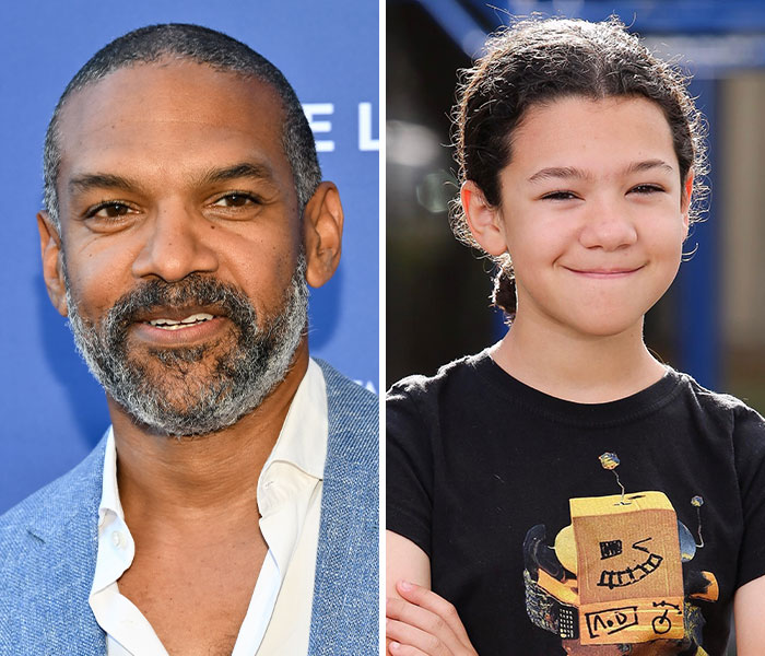 Man with salt-and-pepper beard in blue jacket and child in black shirt featured among trans celebrity kids.