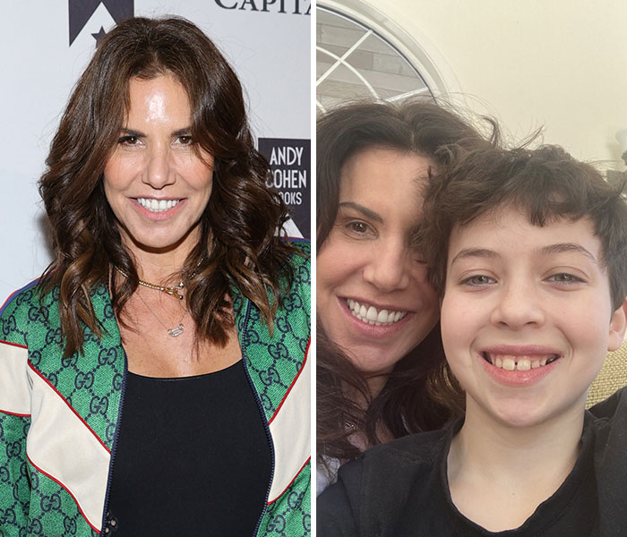 Left image of a smiling woman with dark wavy hair and right image of a woman and child, related to trans celebrity kids.
