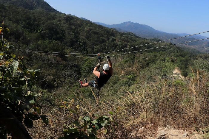 Man zip-lining over a forested area, illustrating a tragic incident involving father and son during vacation.