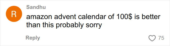 User comment criticizing Dior advent calendar, comparing it unfavorably to a $100 Amazon advent calendar in a social media reply.