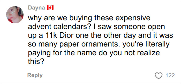 User comment questioning the value of expensive Dior advent calendars and the price paid for the brand name.