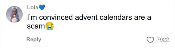 User comment on social media expressing disbelief about advent calendars amid Dior selling a $1,000 advent calendar.