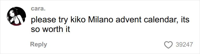 User comment praising kiko Milano advent calendar, contrasting opinions on Dior advent calendar priced at $1,000.
