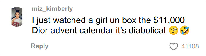 Screenshot of a social media comment reacting to the $1,000 Dior advent calendar unboxing with surprise and humor.