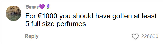 Social media comment criticizing Dior advent calendar price, suggesting it should include full-size perfumes for &euro;1000 spent.