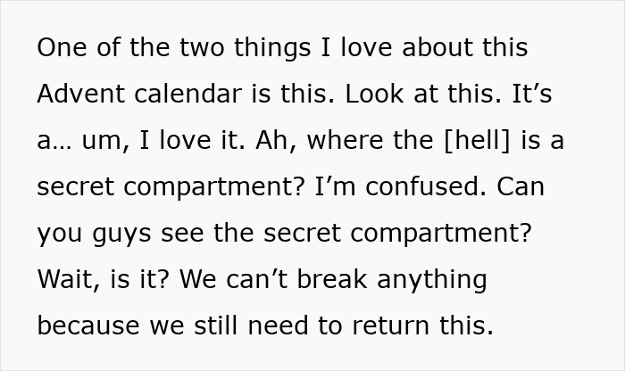 Text excerpt about confusion over a secret compartment in a Dior advent calendar costing $1,000 and mixed reactions.
