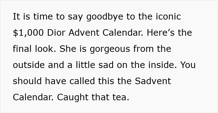 Text excerpt discussing the $1,000 Dior Advent Calendar and public reactions to its appeal and design.