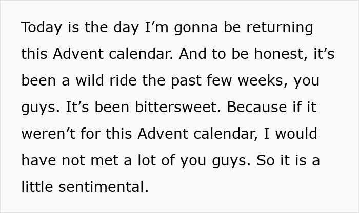 Text about returning a Dior Advent calendar, reflecting on the bittersweet experience and sentimental value.