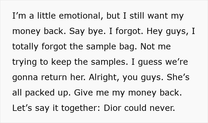 Text expressing disappointment about wanting a refund for a Dior advent calendar sample bag not received.