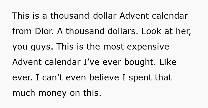 Text describing a thousand-dollar Dior Advent calendar with reactions to its high price and disbelief over the cost.