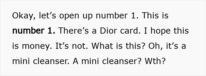 Text showing disappointment opening number 1 of Dior advent calendar, questioning the mini cleanser inside.