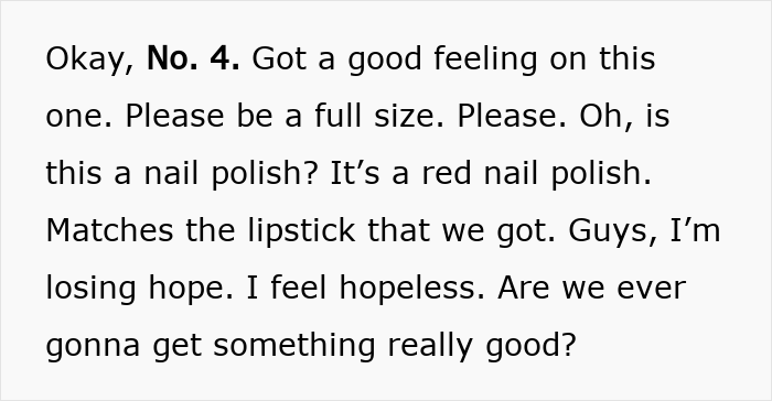 Text excerpt expressing disappointment with the Dior advent calendar including mention of red nail polish and lipstick.