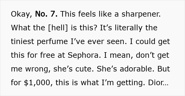 Text excerpt criticizing Dior&rsquo;s $1,000 advent calendar perfume, calling it tiny and unimpressive despite the high price.