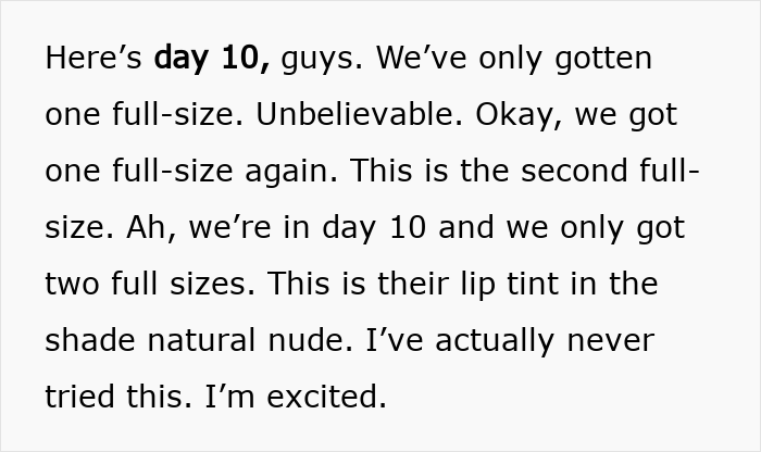 Text discussing day 10 of the Dior advent calendar with lip tint in natural n**e, reflecting audience reactions and impressions.