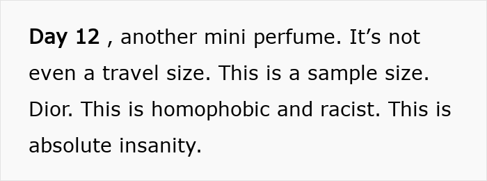 Text revealing Day 12 of Dior advent calendar with a mini perfume sample and user backlash over the $1,000 price.