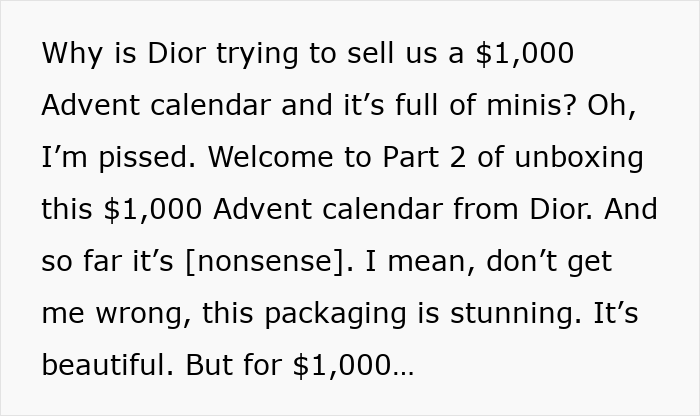Text criticizing Dior&rsquo;s $1,000 Advent calendar, mentioning unboxing and disappointment with minis inside.