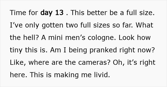 Text showing frustration over day 13 of Dior advent calendar, highlighting tiny mini men's cologne and lack of full-size items.