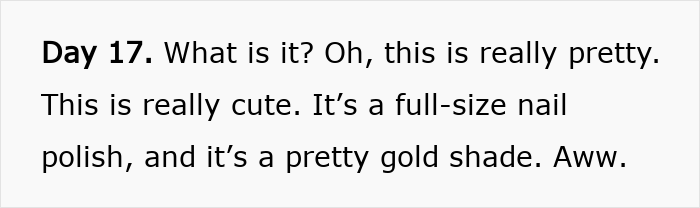 Text describing Day 17 of a Dior advent calendar, featuring a full-size gold shade nail polish gift.