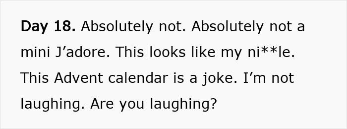 Text message screenshot showing a critical comment about Dior&rsquo;s Advent calendar, highlighting disappointment and humor.