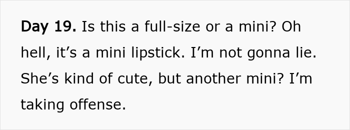 Text highlighting disappointment with a mini lipstick on day 19 of Dior's $1,000 advent calendar.