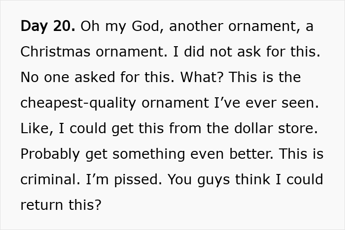 Text excerpt expressing disappointment about a cheap Christmas ornament in a Dior advent calendar priced at $1,000.