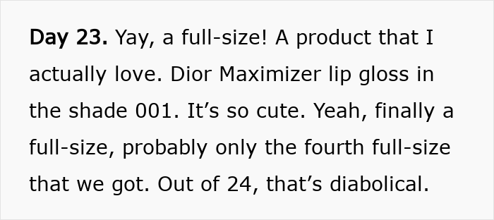 Day 23 entry highlighting Dior Maximizer lip gloss from the controversial $1,000 Dior advent calendar collection.