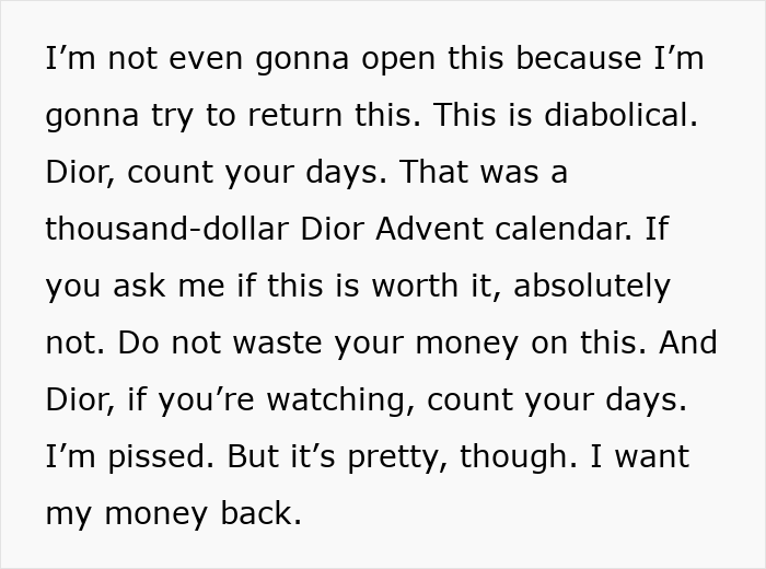 Customer review complaining about the $1,000 Dior Advent Calendar, saying it is not worth the price.