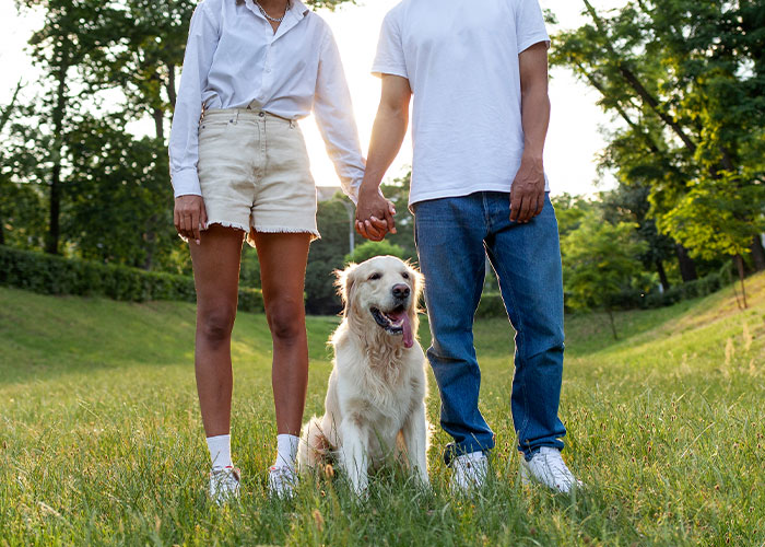 Couple holding hands with dog sitting between them in a grassy park, illustrating strange things neighbors were seen doing.