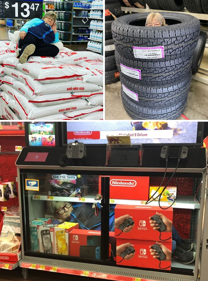 Person relaxing on bags of bird feed, stacked tires, and a person hiding inside a Nintendo Switch display in unique historical photos.