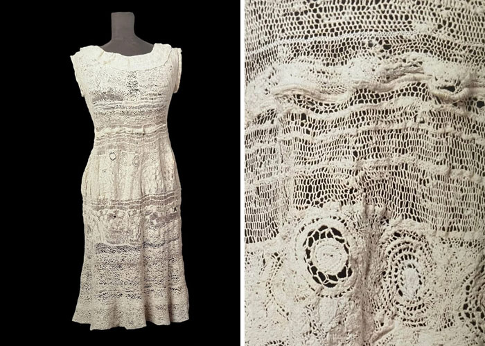 Vintage lace dress on a mannequin, showcasing very old objects that survived and tell stories about our ancestors.