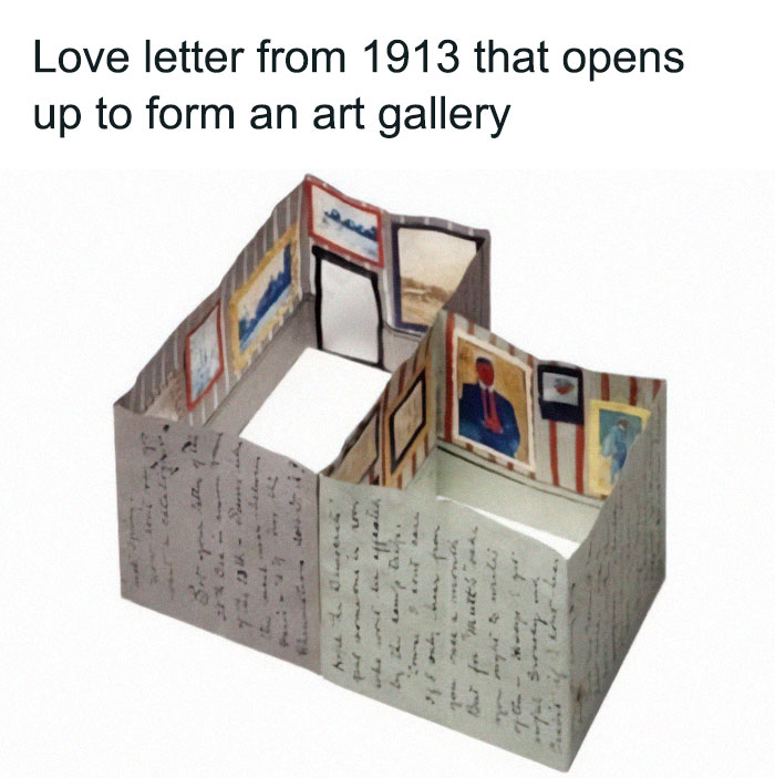 Love letter from 1913 that opens up to form a miniature art gallery, showcasing very old objects from ancestors.