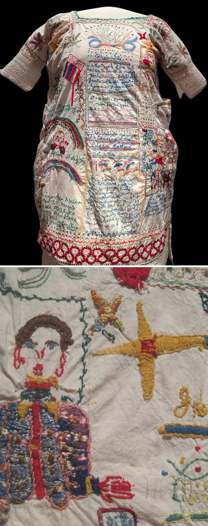 Hand-stitched very old embroidered garment featuring colorful designs, text, and ancestral stories on fabric.