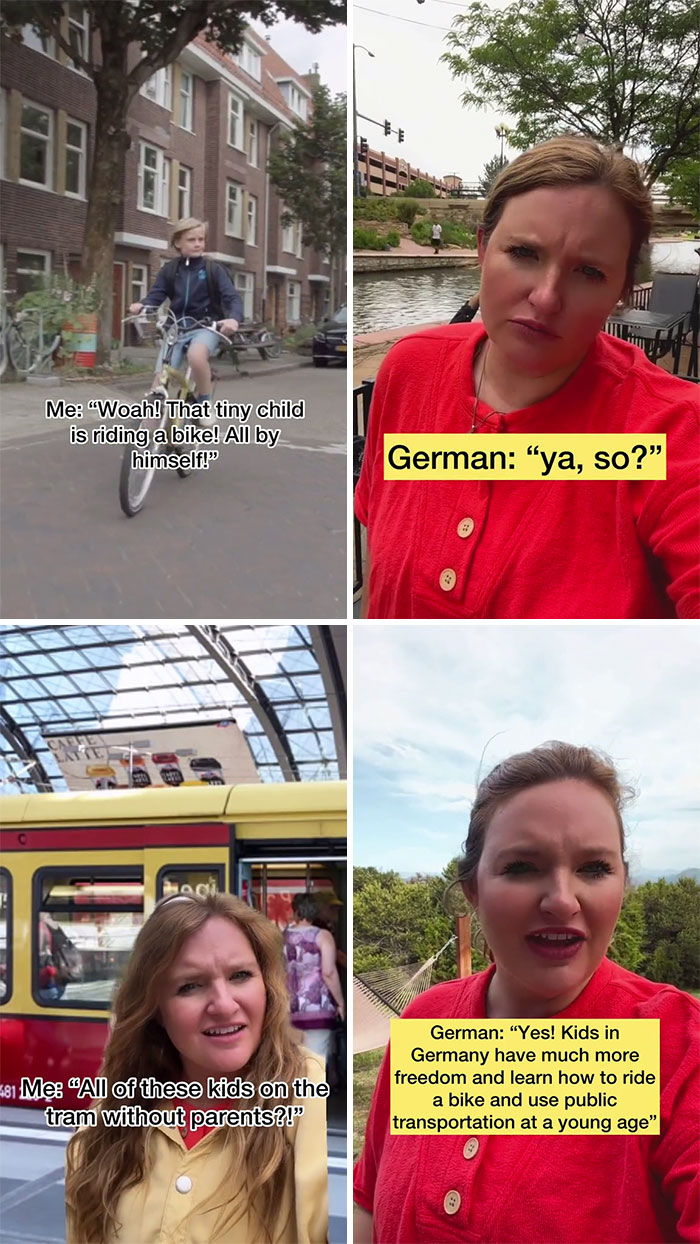 American reacting to kids riding bikes and using public transportation independently in Germany, showing cultural differences.