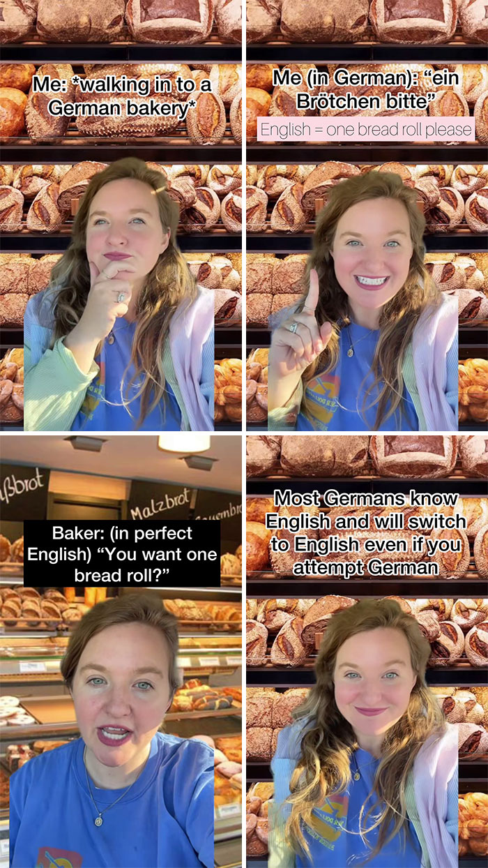 American experiences unexpected language switch at German bakery with locals fluent in English and bread varieties on display.