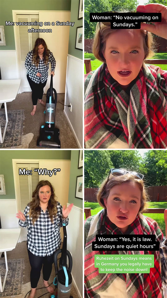 American woman learning about quiet hours law in Germany, surprised by restrictions on vacuuming noise on Sundays.
