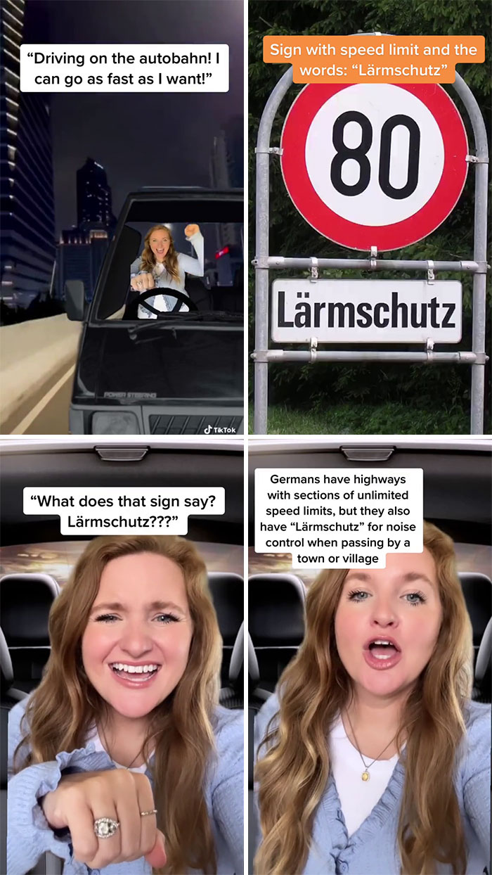 American driving on autobahn with German speed limit sign showing Lärmschutz noise control rules.