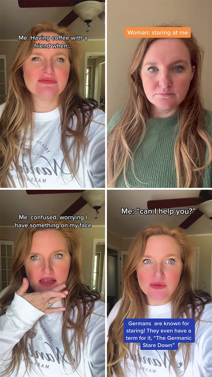 Woman reacting to the Germanic stare down, one of the unexpected things in Germany this American was not prepared for.