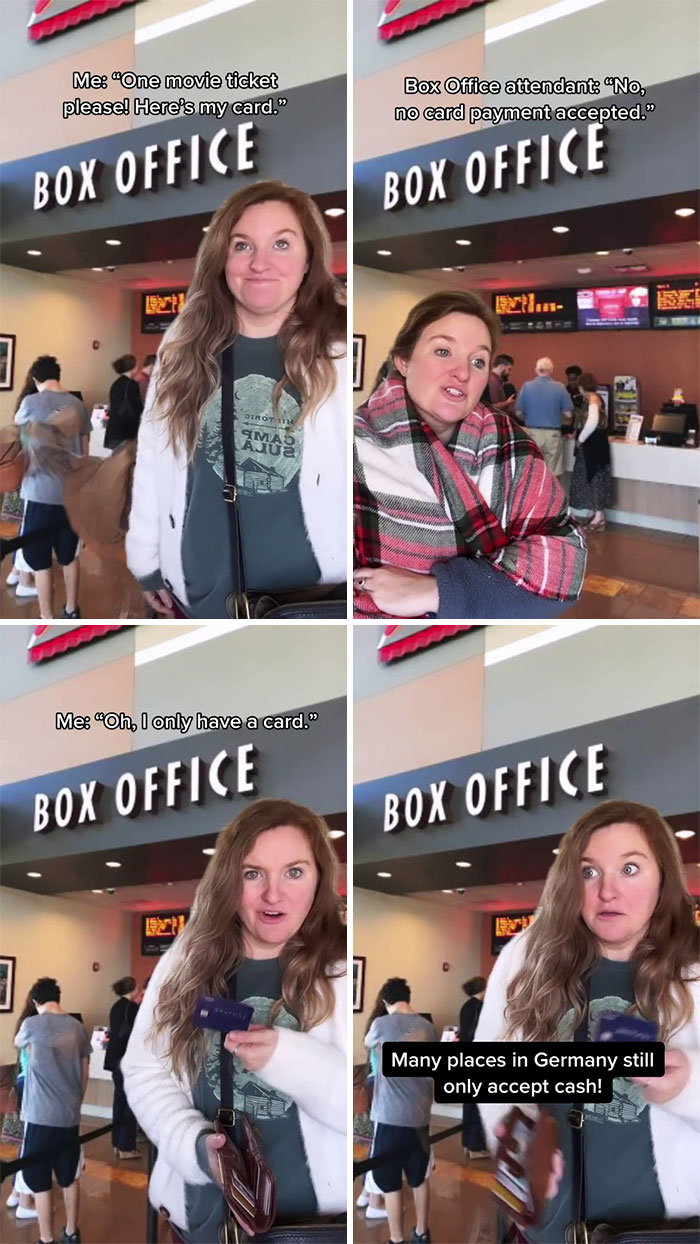 American woman surprised at box office showing cash is still required as unexpected thing in Germany many are not prepared for.
