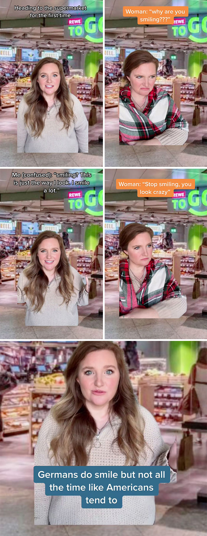 American woman experiences cultural differences in Germany, learning Germans smile less often, an unexpected thing in Germany.