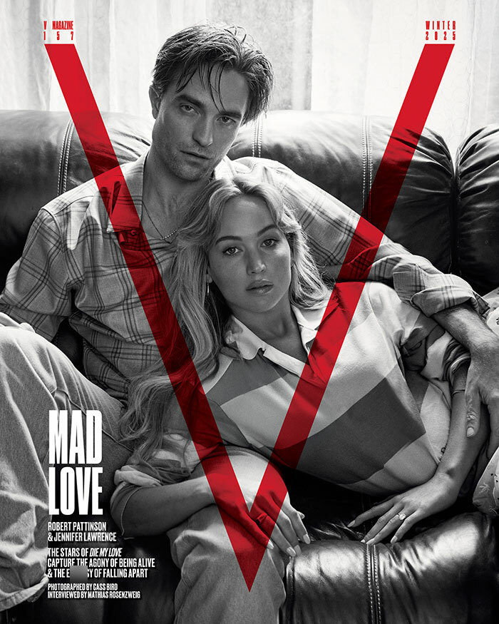 Robert Pattinson and Jennifer Lawrence posing intimately on a couch in a black and white editorial photo shoot.