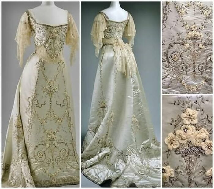 Victorian-Edwardian pictures of an elegant ivory gown with intricate floral embroidery and delicate lace sleeves on a mannequin.