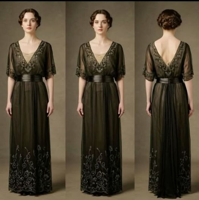 Woman in a Victorian-Edwardian-inspired black dress with floral embroidery, shown from front and back views.